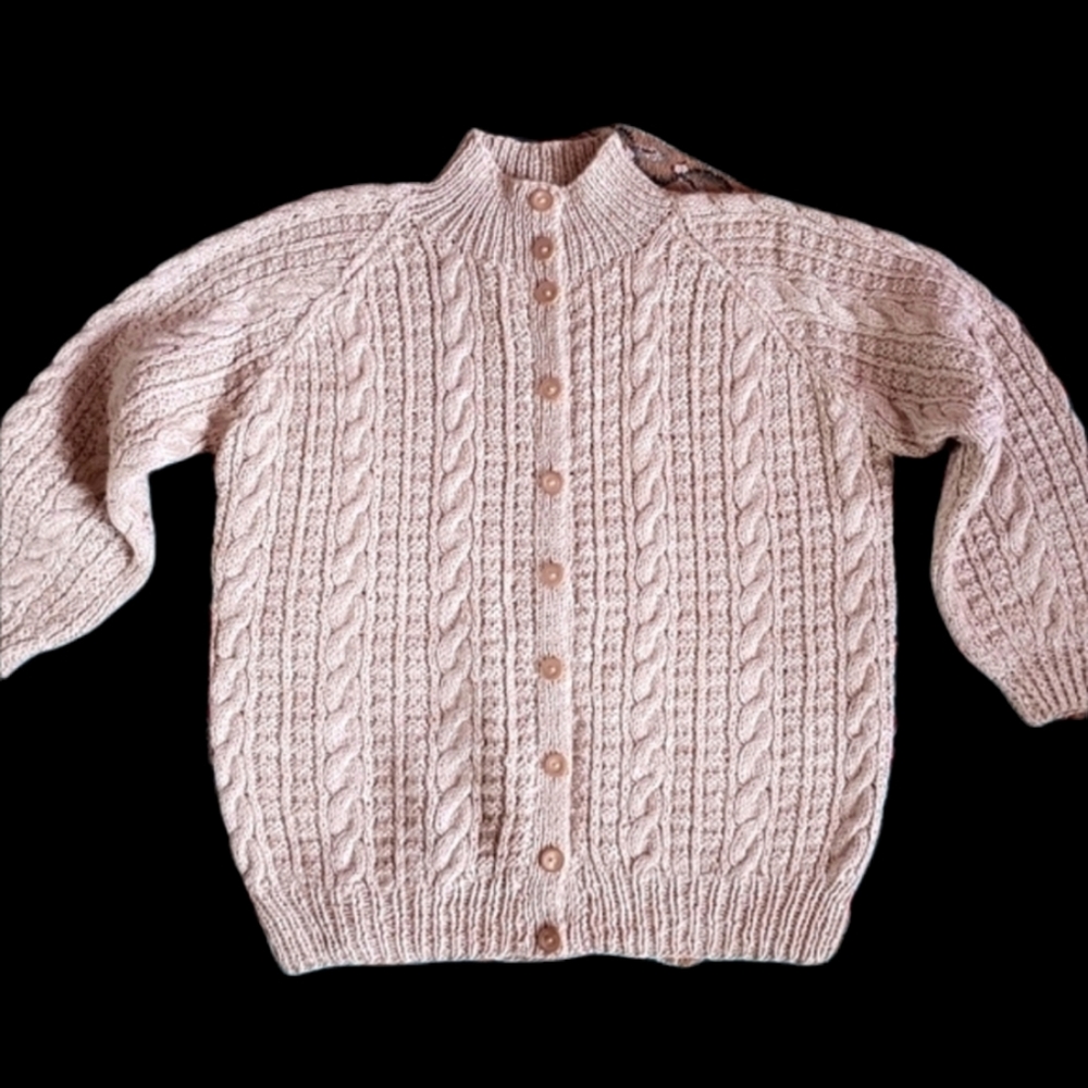 Handmade Cable Knit Long Slouchy Fuzzy Wool Cardigan Ribbed Cuffs Oatmeal Color - Picture 10 of 13